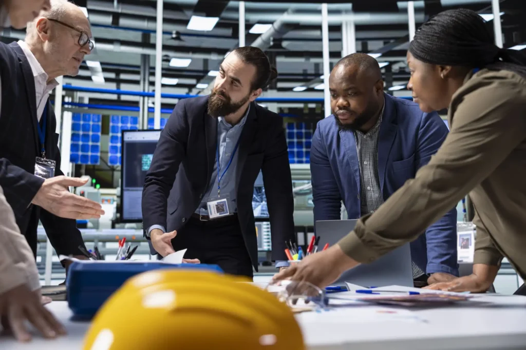 Equip de professionals col·laborant en un entorn industrial per analitzar un projecte de simbiosi industrial